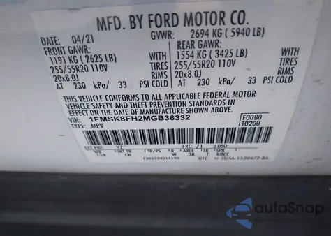 2021 Ford Explorer Limited z USA, uszkodzony, nr VIN 1FMSK8FH2MGB36332